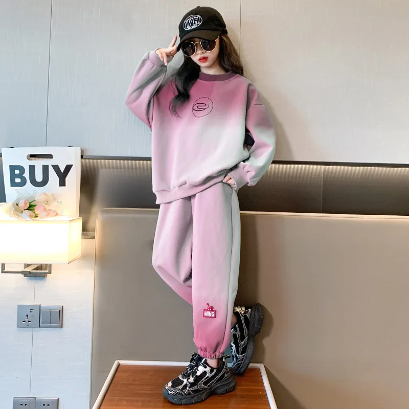 Spring Teenage Boy Girl Clothes Set Children Sports Gradient Sweatshirt Pullover Top and Pants Bottom 2pcs Suit Cotton Tracksuit