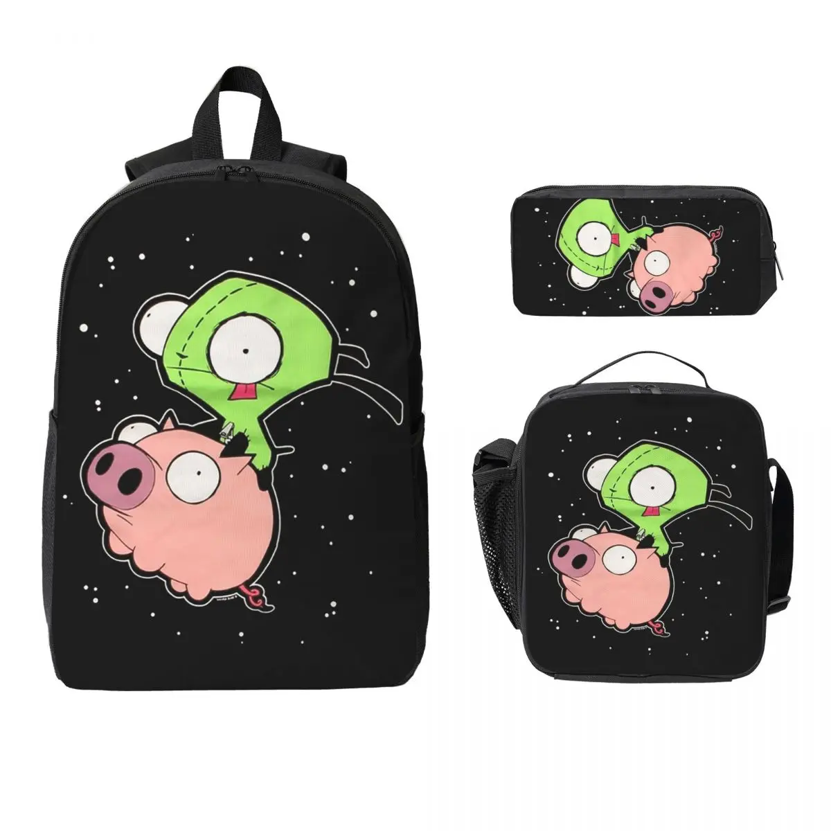 Invader Zim Art Backpack Student Boys Girls BookBag School Bag Laptop Shoulder Bags 3ps Insulated Lunch Bag Pencil Case