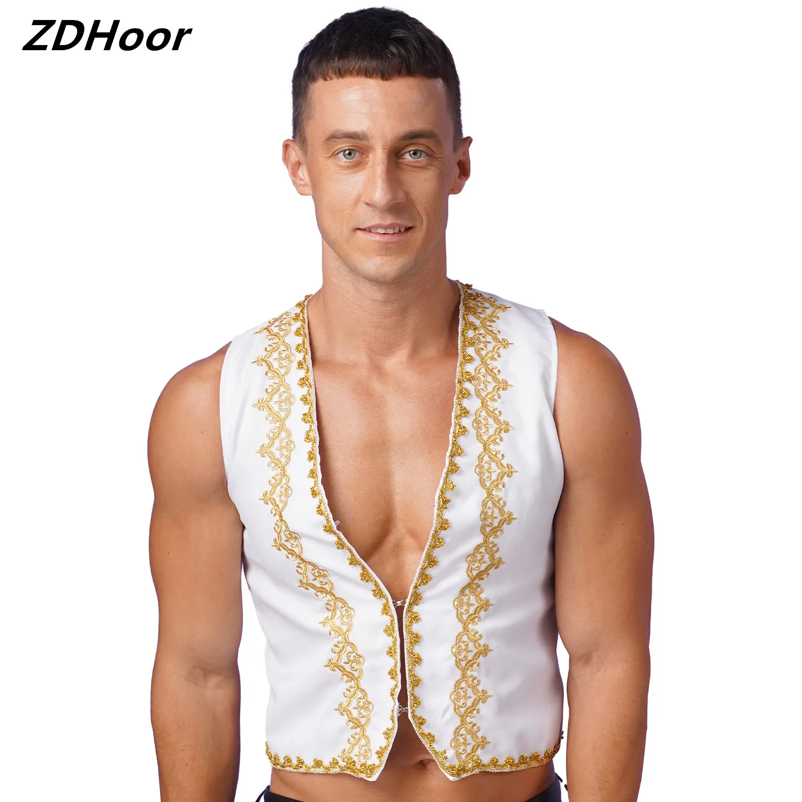 

Mens Steampunk Victorian Vest Gold Trims Embroidery Open Front Medieval Gothic Waistcoat Arabian Vest Halloween Costumes