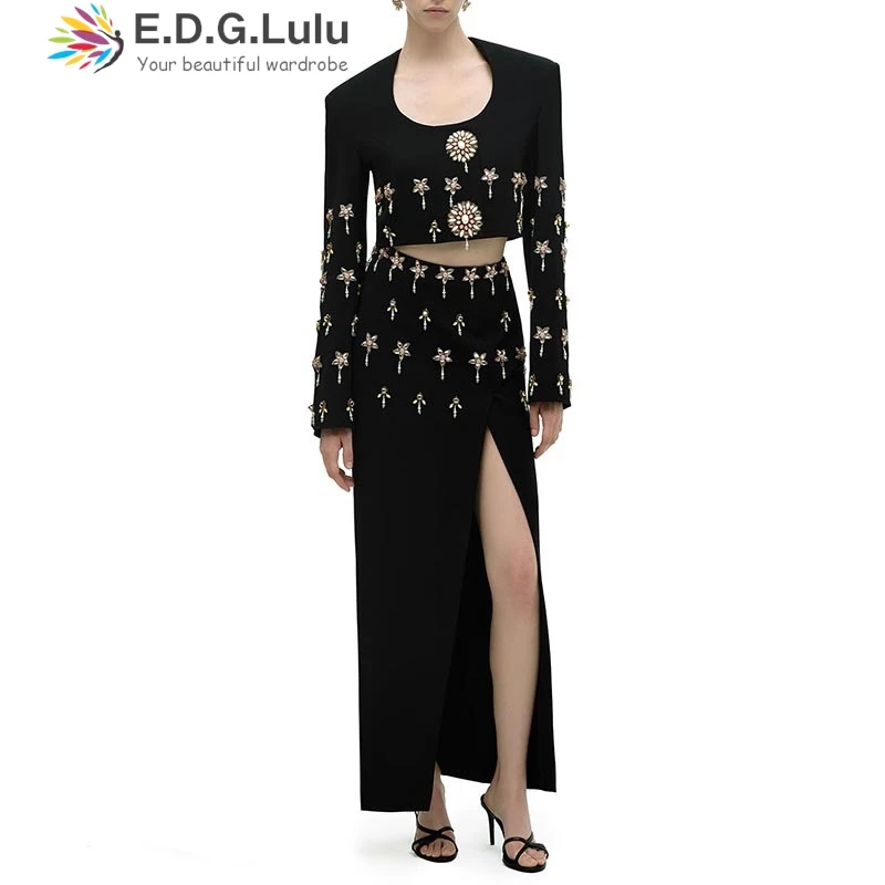 

EDGLuLu женский комплект из 2 предметов, короткий костюм, куртка + длинная юбка с разрезом на талии, костюм с бриллиантовой инкрустацией для ногтей 0907