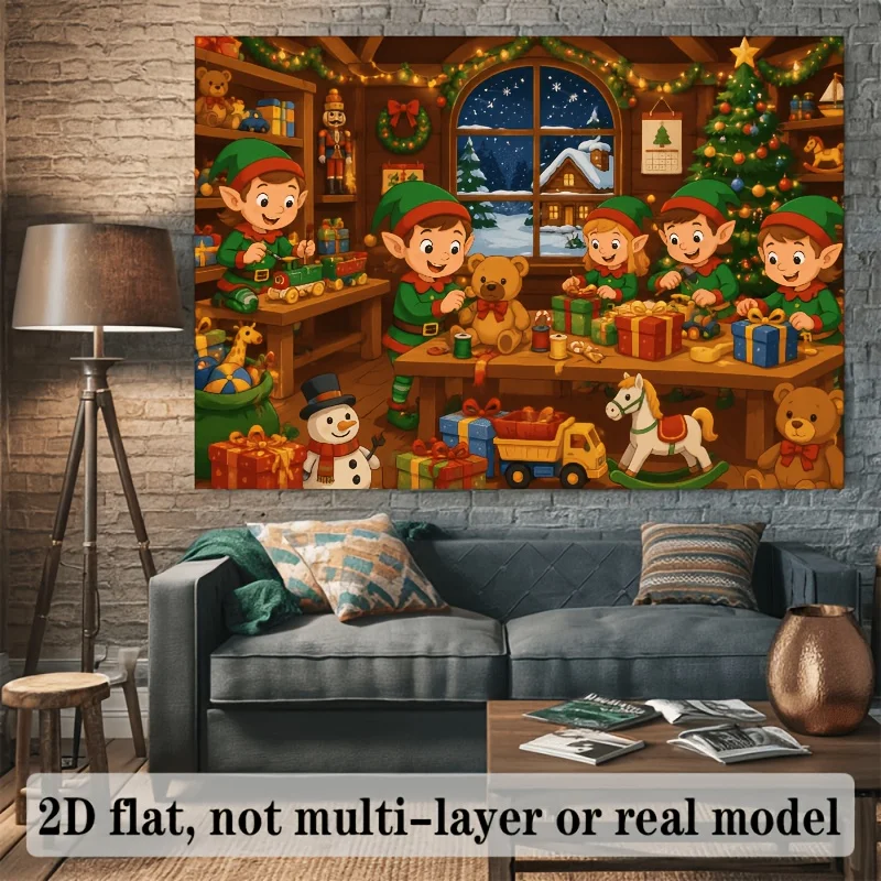 Christmas Elf Workshop Tapestry, Cute Toy Makers Wall Hanging, Holiday Kids Room Decor, Festive Party Backdrop