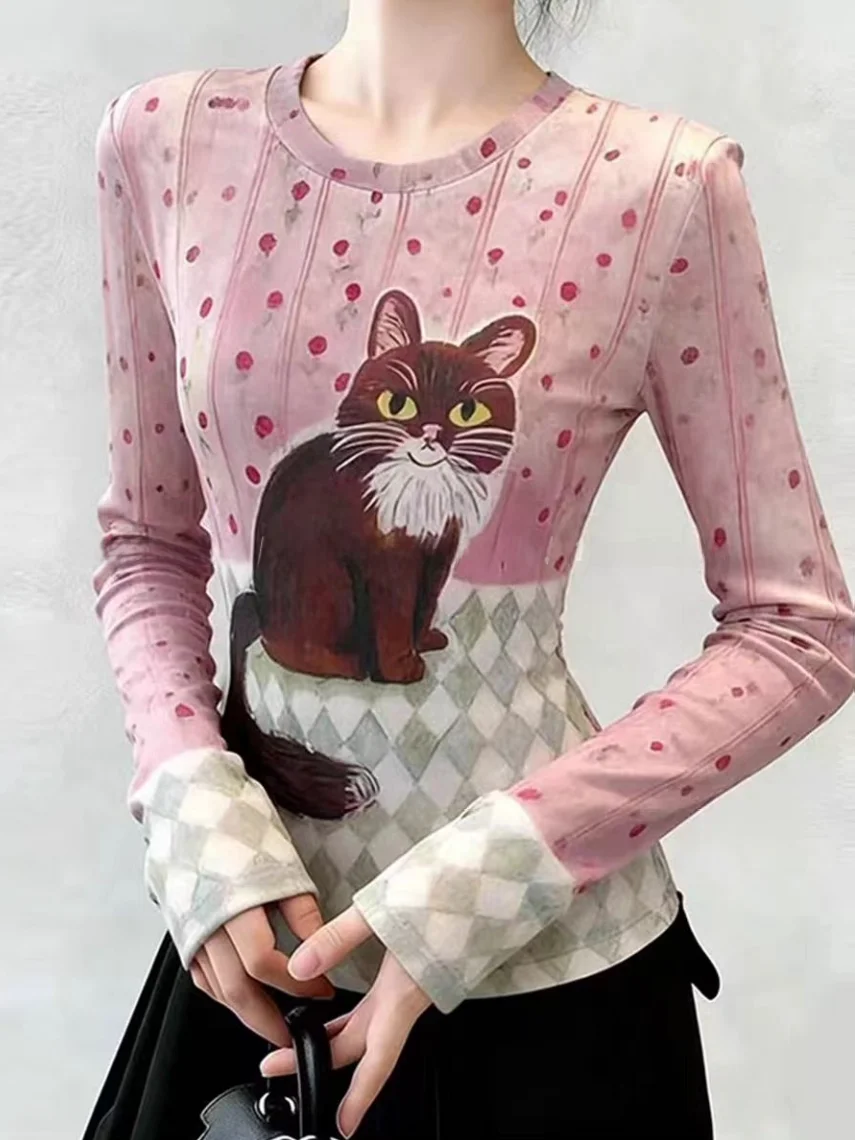 

Spring New Style Thin Long Sleeve Print T-Shirt Women's Korean Version Silk Air Conditioner Cover Shirt Straight Cut