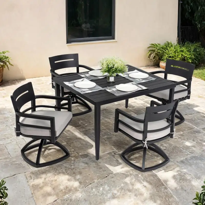 

5-Piece Outdoor Patio Aluminum Furniture Set, Modern Dining Set with 4 Swivel Rockers and Cushions, 40" Square Dining Table