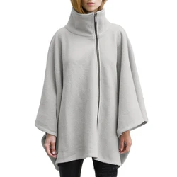 Faux Fleece Stand Collar Woman Poncho Women's Cloak Cape Light Silver Color Zipper Cardigan Winter Ladies' Solid Tops White Cape