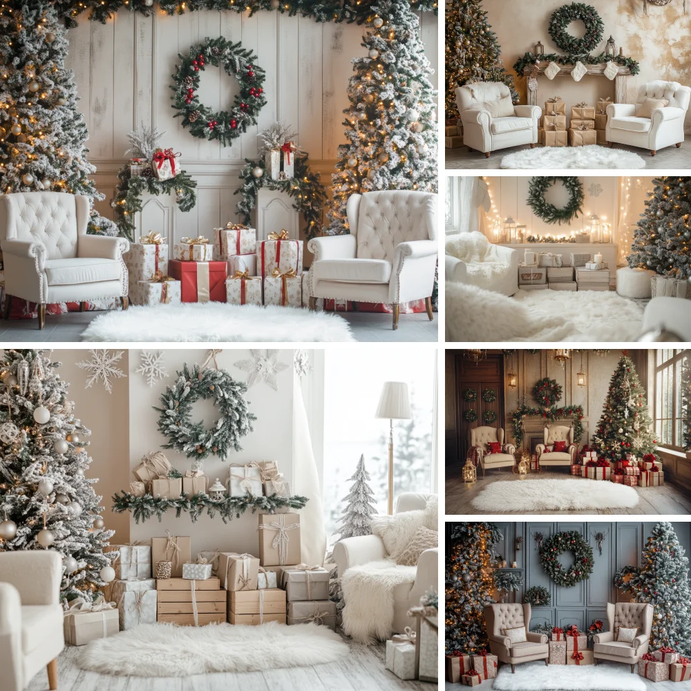 

Retro Christmas Front Door Background Photography White Flowers Xmas Tree Gift Room Backdrop Winter Kid Birthday Photo