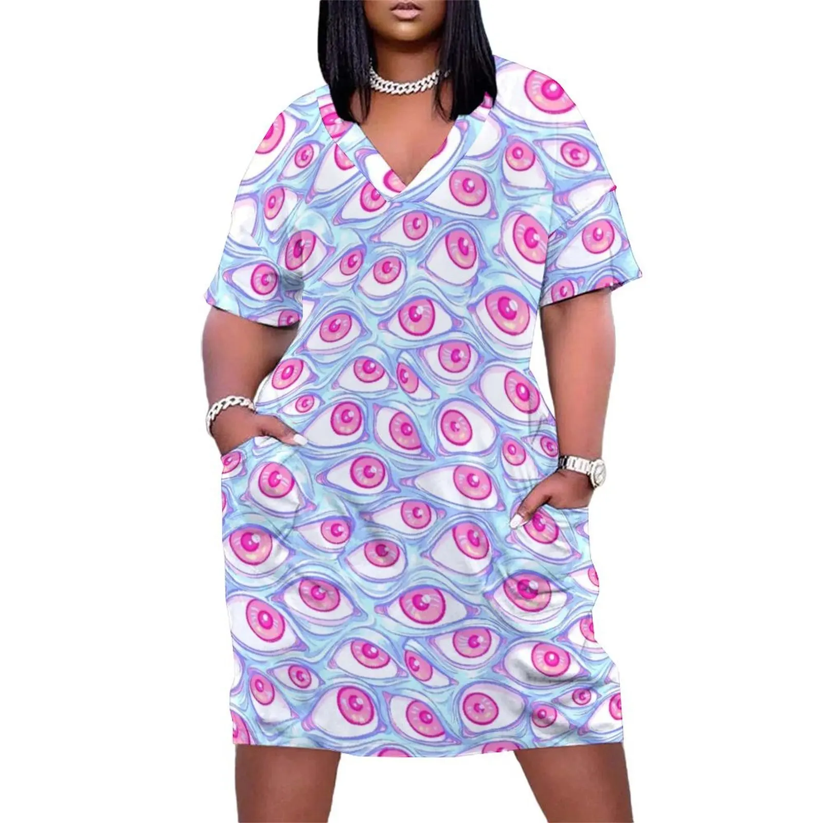 Wall of Eyes in Baby Blue Loose Pocket Dress Women's clothing luxury dress cute dress