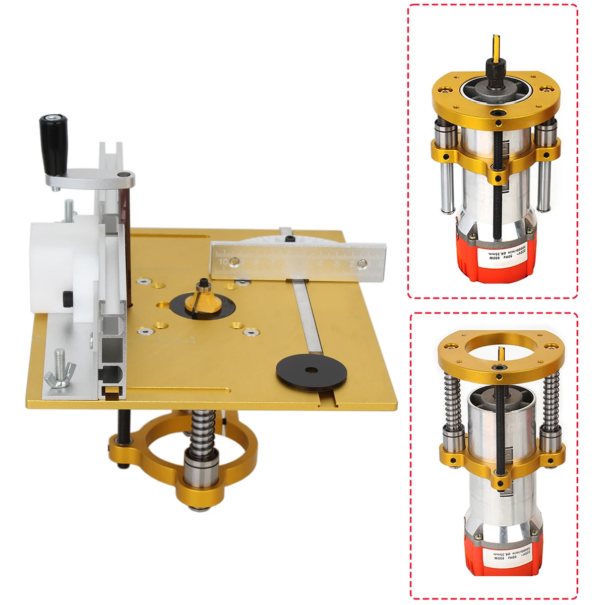 Placa de inserción de mesa de enrutador de aluminio dorado con Base de elevación para bancos de carpintería, sierra de mesa, recortadora de motores de 65mm, máquina de grabado