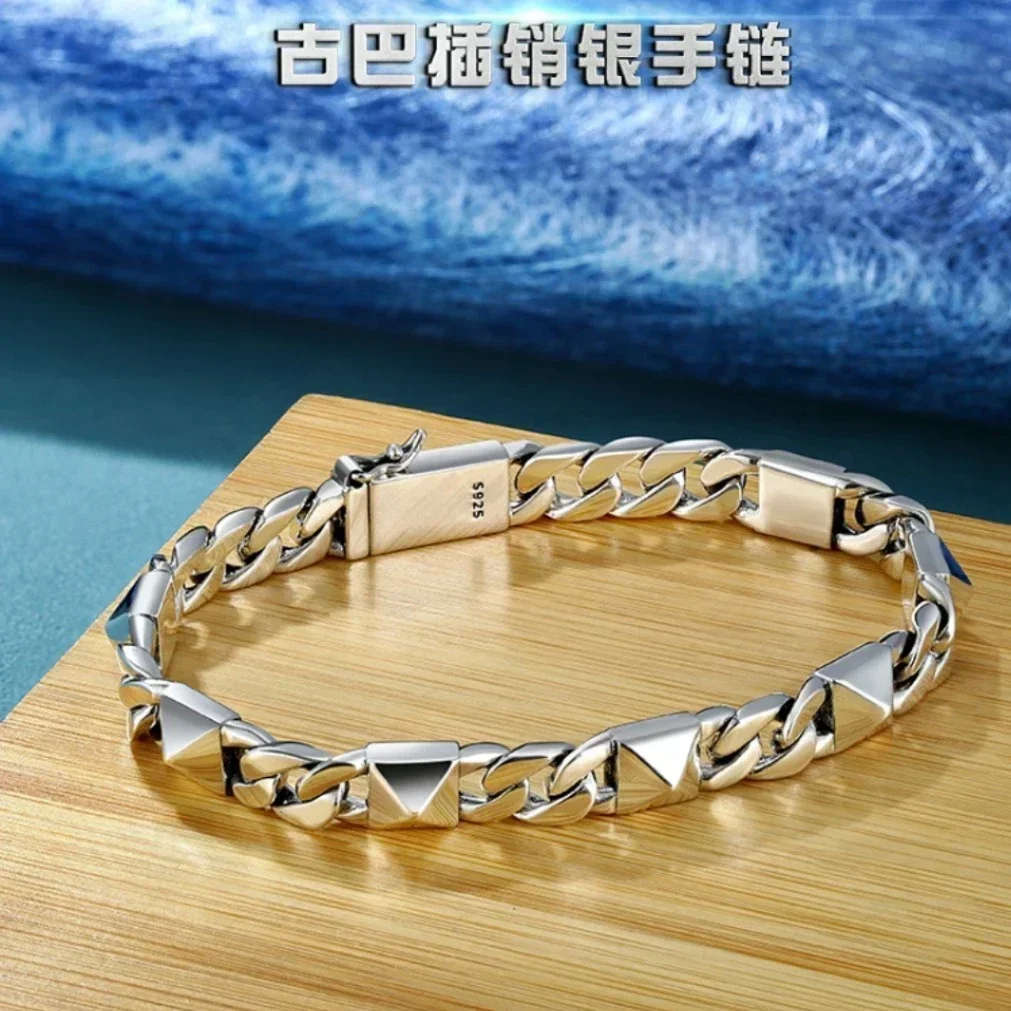 

925 Silver Willow Nail Fashion Hip Hop Street Trend Safety Buckle Cuban Bracelet for Men's