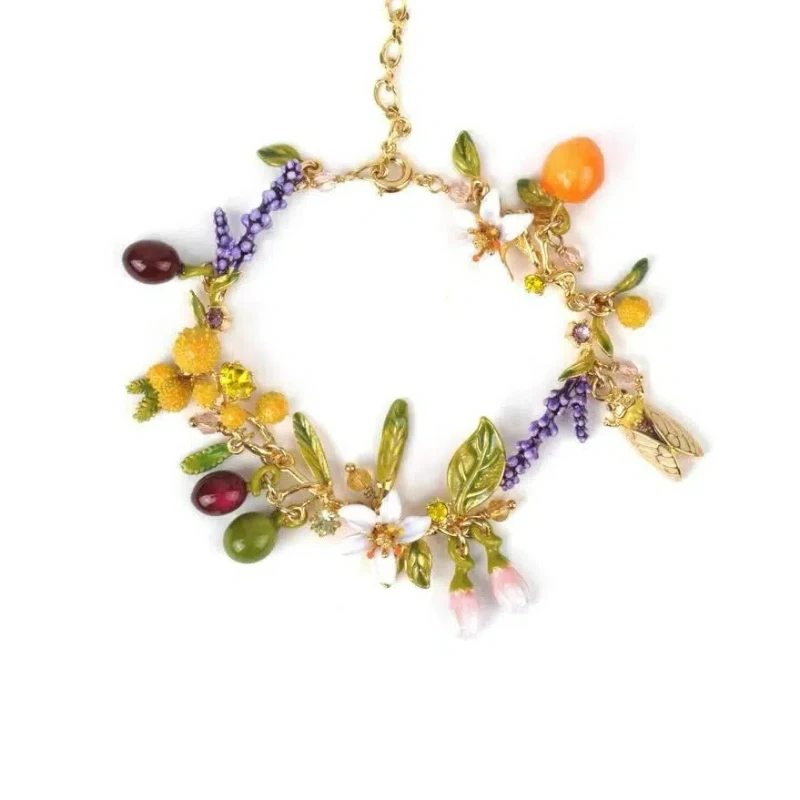 

New Year Jewelry French Pastoral Style Romantic Enamel Orange Olive Fruit White Flower, Cicada, Lavender Combination Bracelet