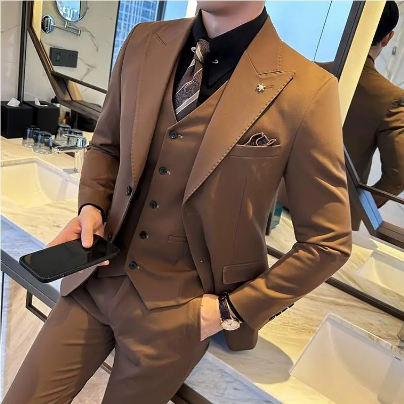 (Blazer + Vest + Trousers) 2024 New Men Formal Business Solid Suit 3 Pieces Set Italian Style Luxury Wedding Social Party Tuxedo