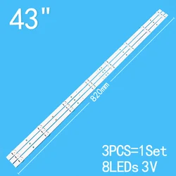 New 3PCS/lot 820mm 8LEDs 3V For 43