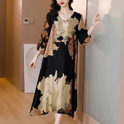 Women Floral Natural Rayon V-Neck Midi Dress Spring Autumn Elegant Loose Waist Plus Size Dress 2024 Korean Vintage Casual Dress