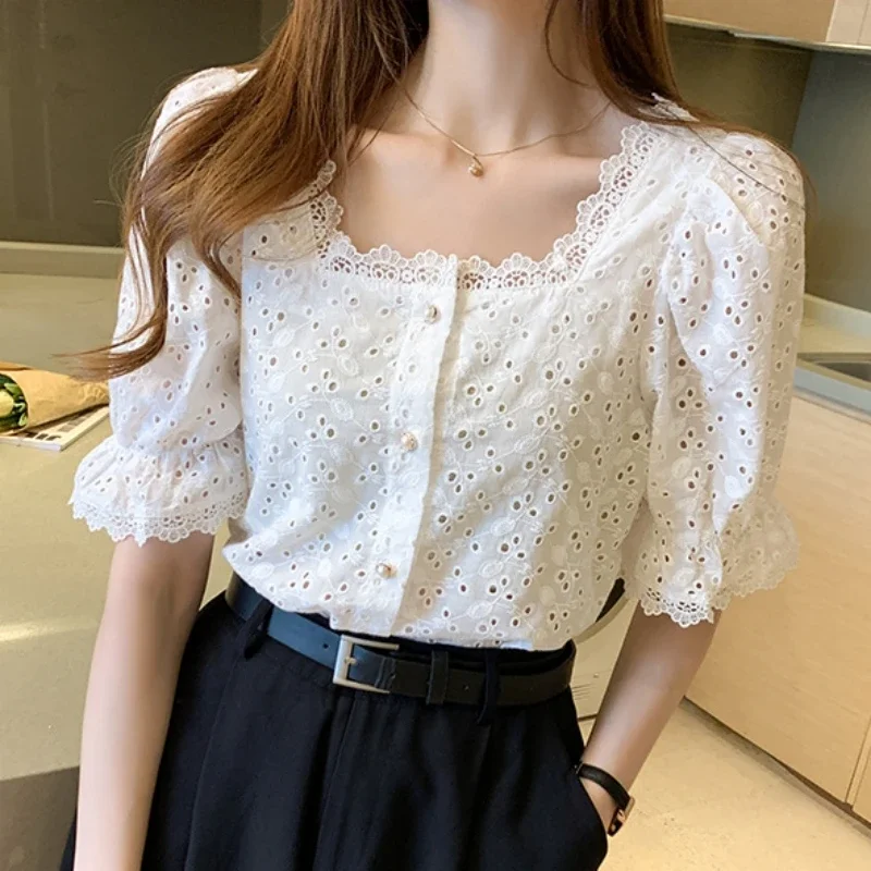 

Short Sleeve Woman Shirts Elegant Lace Hollow Out White Blouse Fashion Summer Square Collar Tops