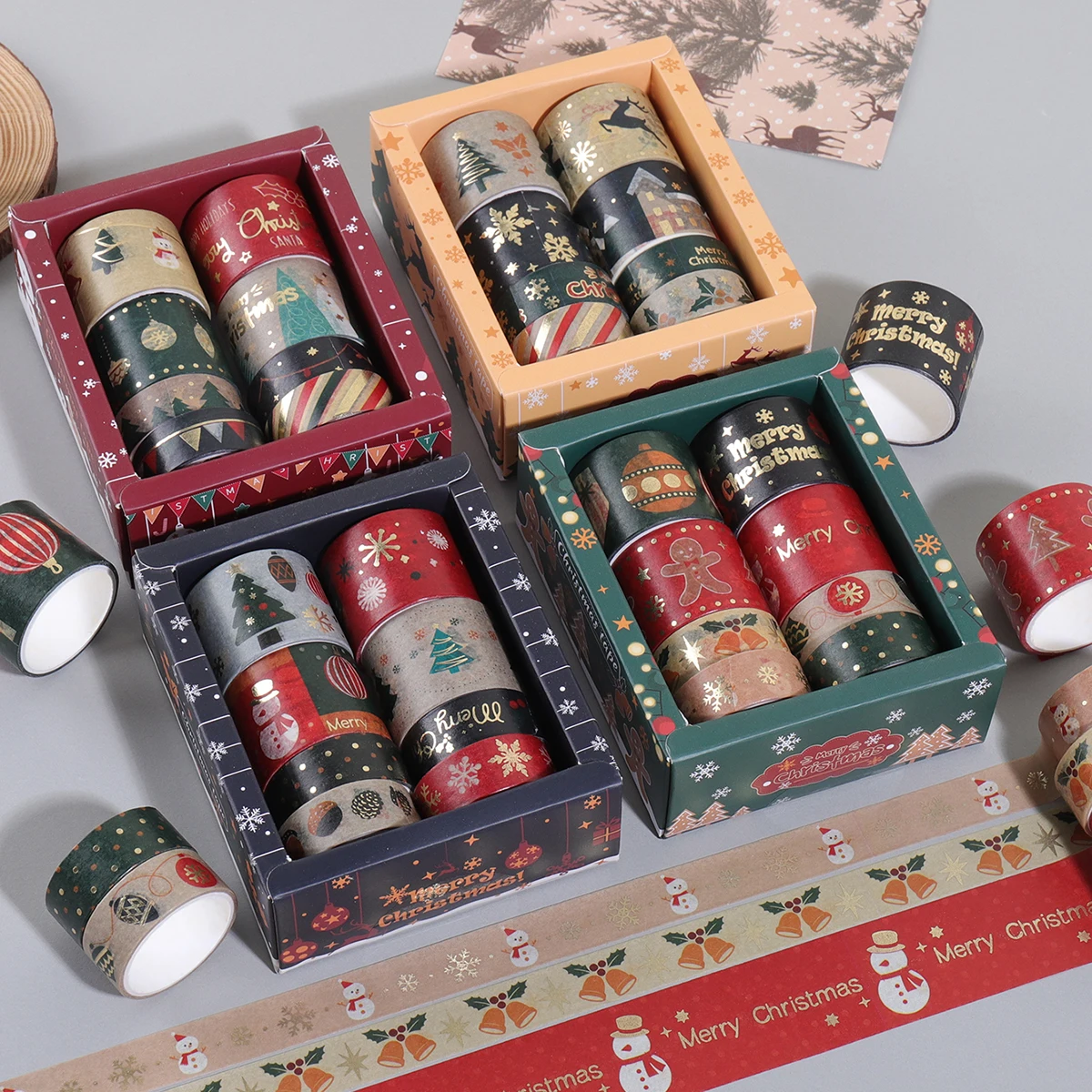 8 لفات/صندوق من شريط واشي منقوش لعيد الميلاد، مناسب لمواد تزيين حدود الألبوم بنفسك، مع عملية الختم الساخن.