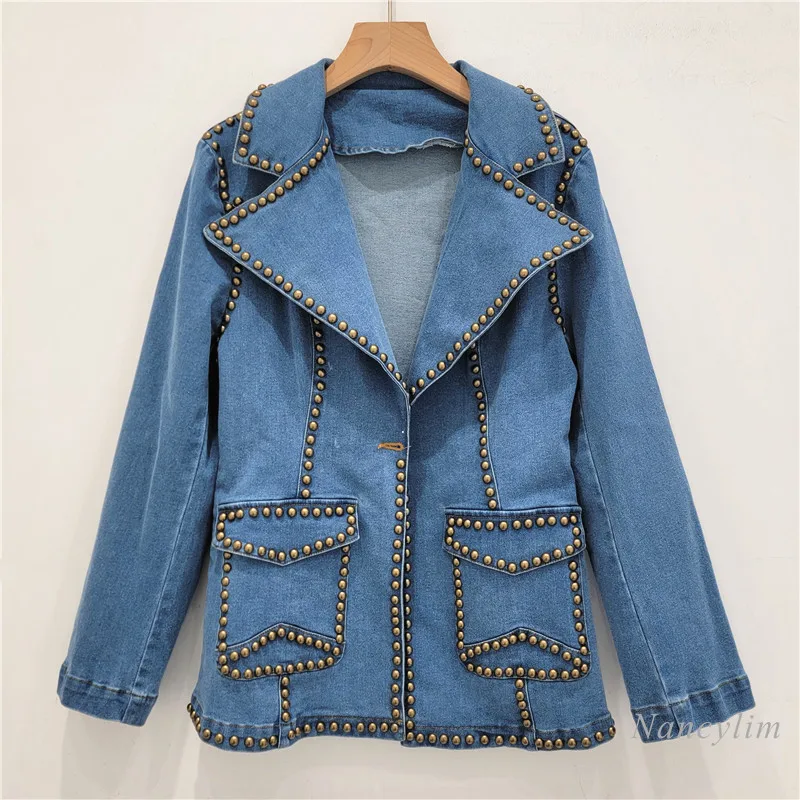 

2024 Autumn New Korean Style Beaded Suit Denim Coat Women's Long Sleeve Slim Slimming Stretch Jean Jacket Street Top Blazer