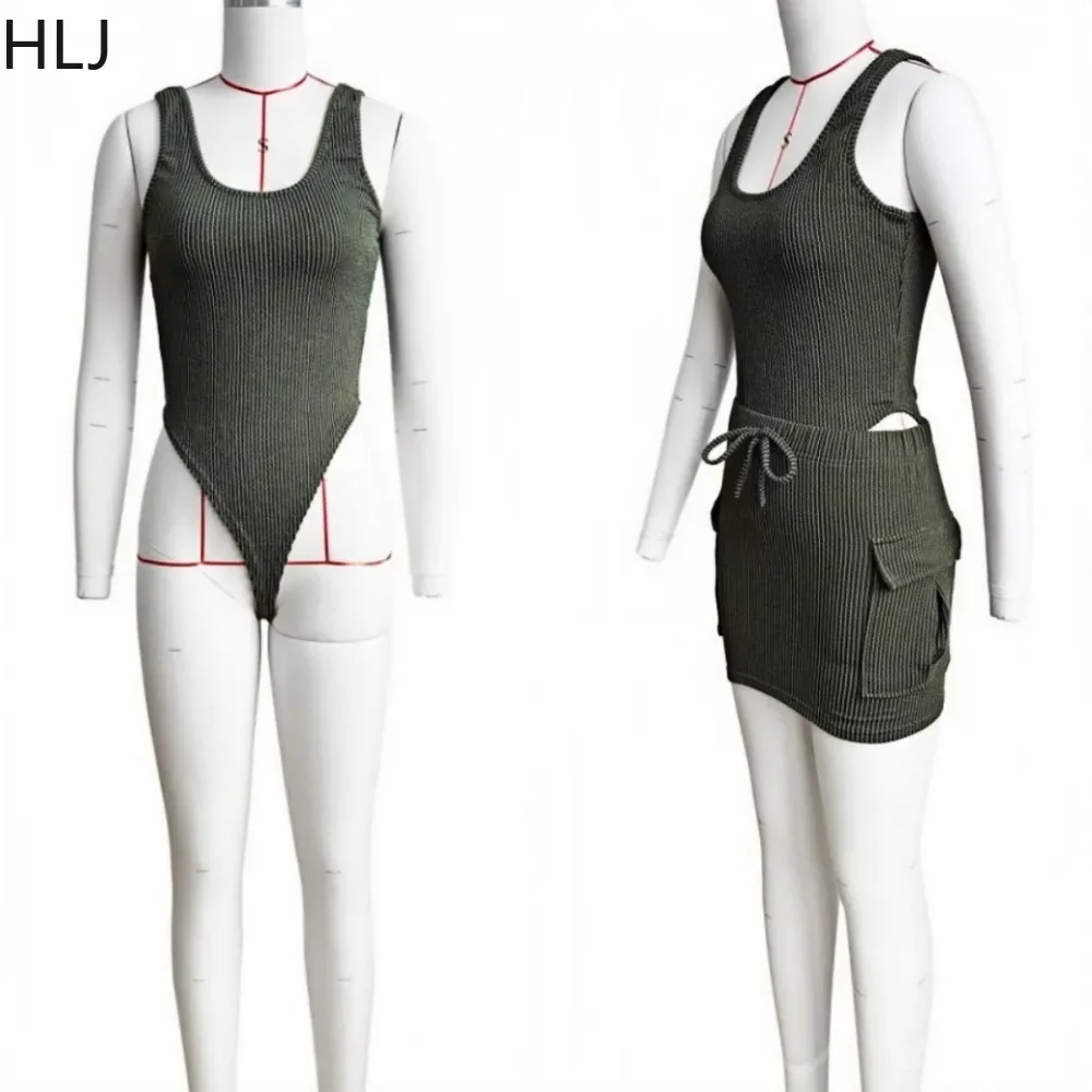 HLJ Ribber Sexy Bodysuits And Mini Drawstring Skirts Two Piece Sets For Women Sleeveless Elasticity Slim Outfits Female Clothing