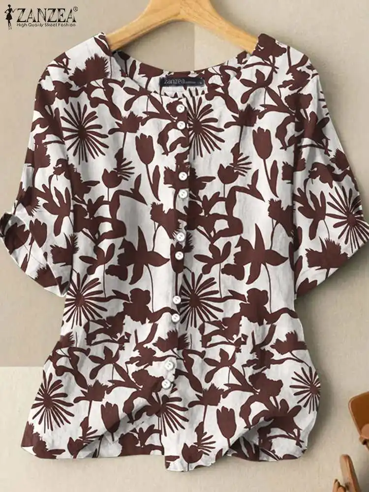 Zanzea-blusa estampada floral de manga curta para as mulheres, estilo boêmio, vintage, casual, oversize, para festa, verão