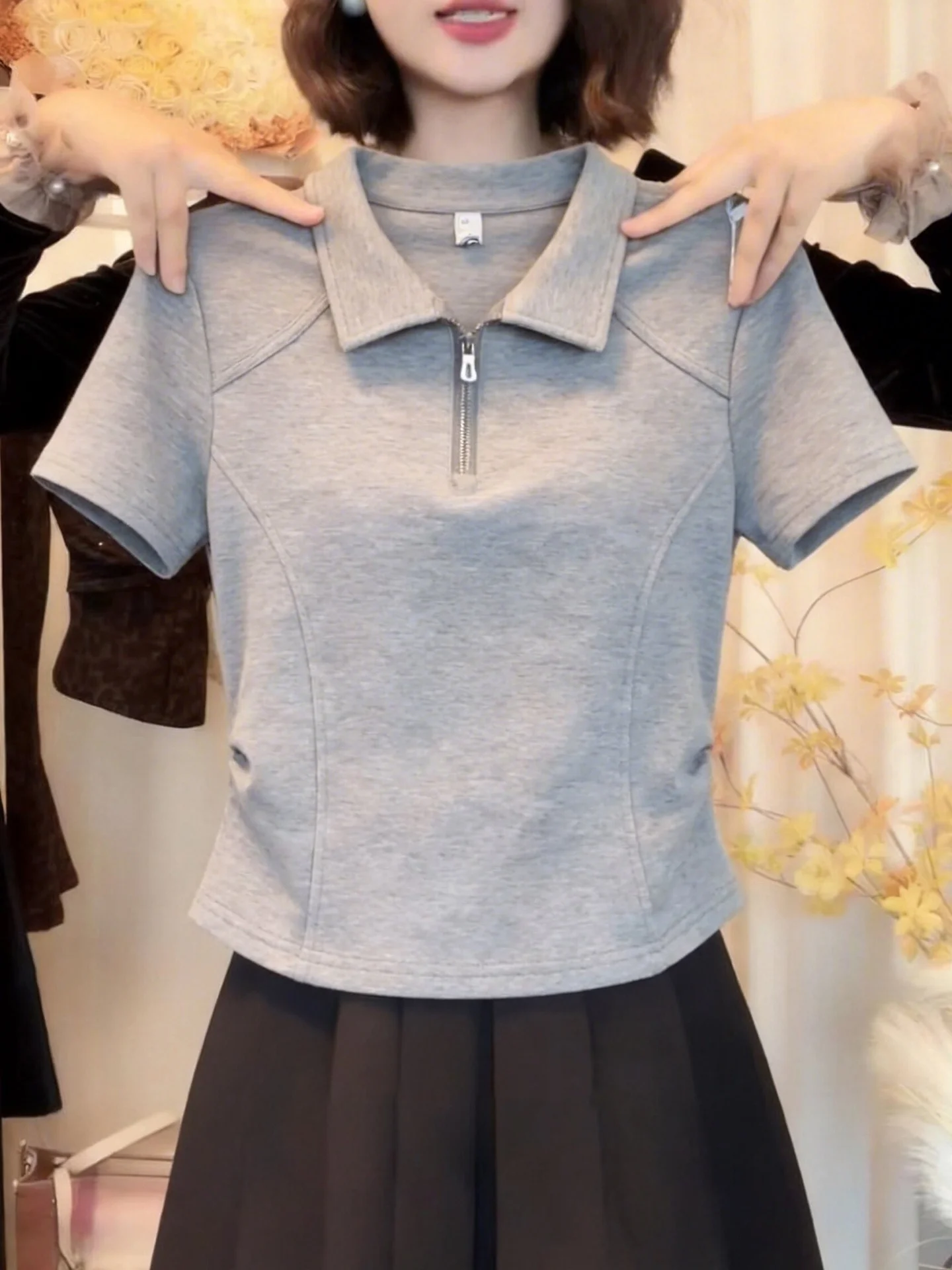 

Korean Style Pleated Waist Pure Color Versatile Design Short Sleeve T-Shirt Spring Summer Women's Fashionable Turn-down Colla...