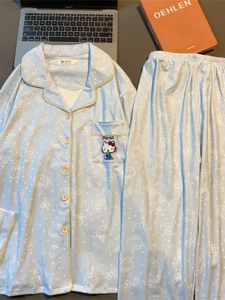 Fille ensemble de vêtements de détente microvilli bonjour kitty kawaii dessin animé étudiant décontracté automne hiver revers cardigan vêtements de maison pyjamas nouveau chaud