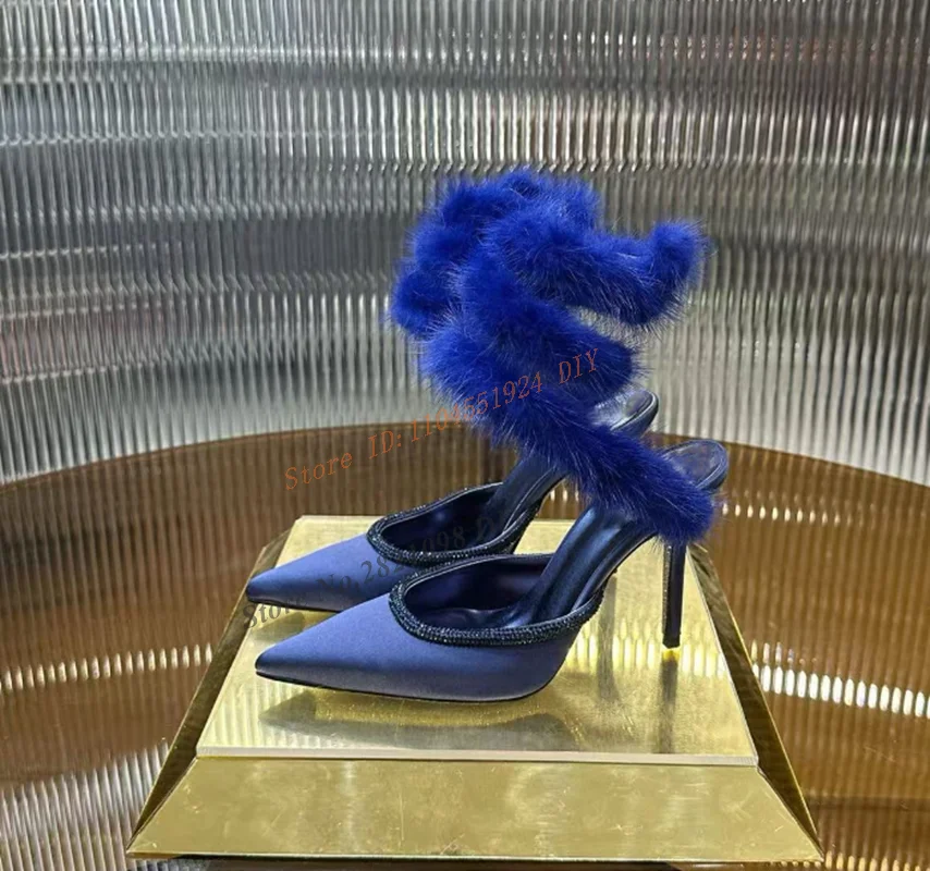 Luxury Fur Sexy Pointed Toe Stiletto Heeled Pumps Women's Slingback Luxury Mink Snake Wrap Ankle High Heel Party Shoes