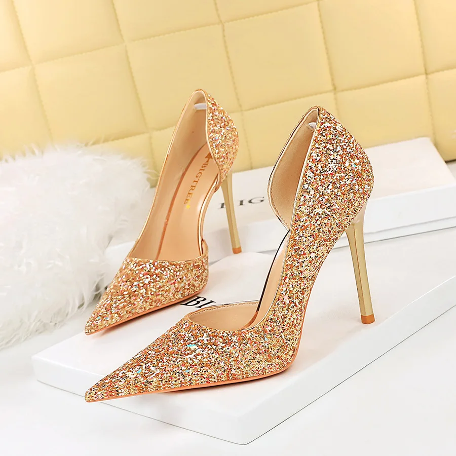 Glitter High Heels Sequined Gold Silver Women Pumps Pointed Toe Thin Heeled Shoes Ladies Luxury Party Shoes 7/10cm Size 43 Blue