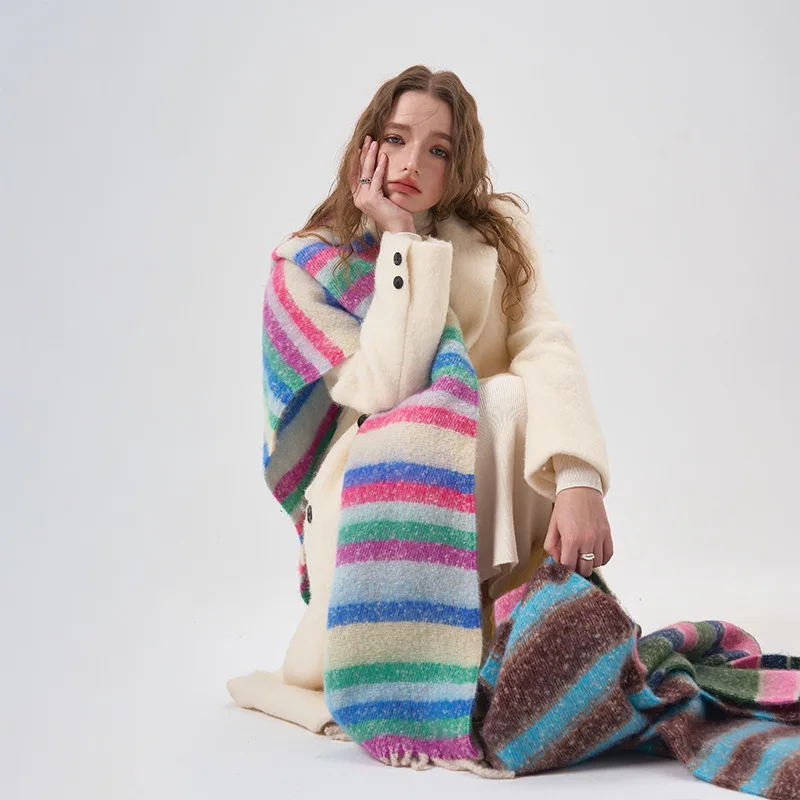 Winter Thickened Scarf Striped Colorful Rainbow Kawaii Mohair Cashmere Scarf with Tassel Winter Warm Soft Lovers Accessories