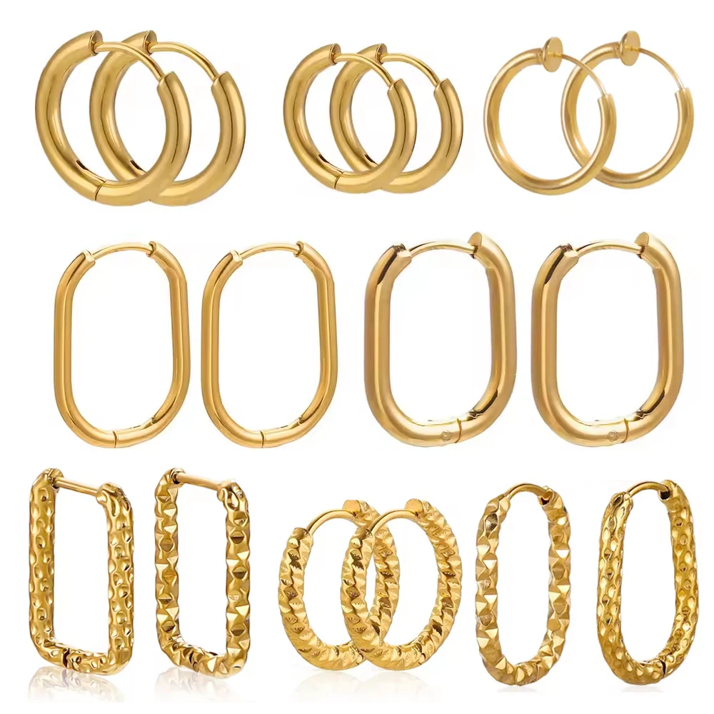 6PCS Stainless Steel Hoop Round Textured Earrings for DIY Woman 18K PVD Gold Square Charm Jewelry Making Findings Wholesale