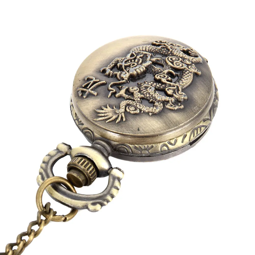 Fashion Unisex Vintage Quartz Pocket Watch Alloy Flying Dragon Necklace Pendant Men Women Sweater Chain Clock Gifts LL@17