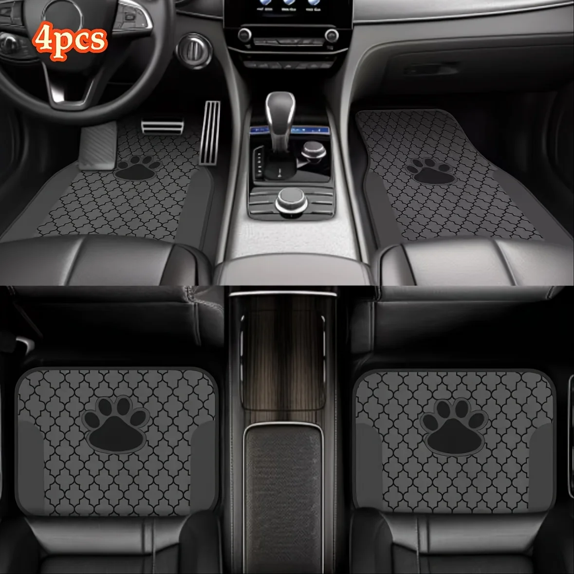 

Polyester Car Mats / A Set Of 4 Luxurious Black And Gray Paw Print Pattern / Absorbent And Non-Slip / Washable / Stylish Car Int