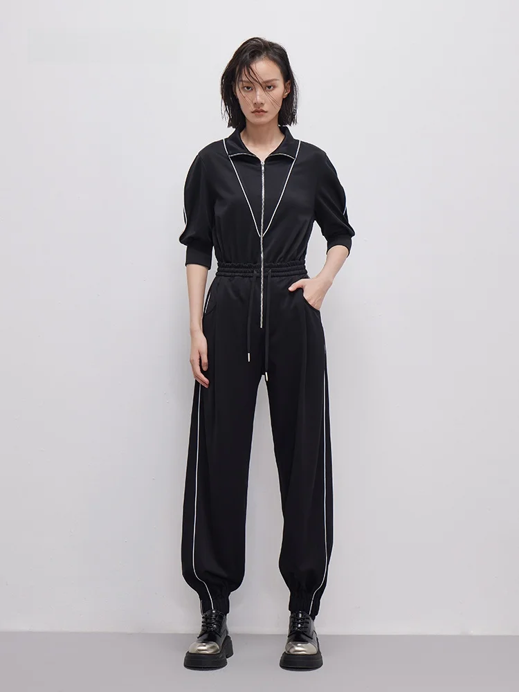 

Spring New Style XMOOM Zipper Knitted High Waist Crop Jumpsuit Color Block Waist Cinch Sleeve Mid-Length Utility Pants
