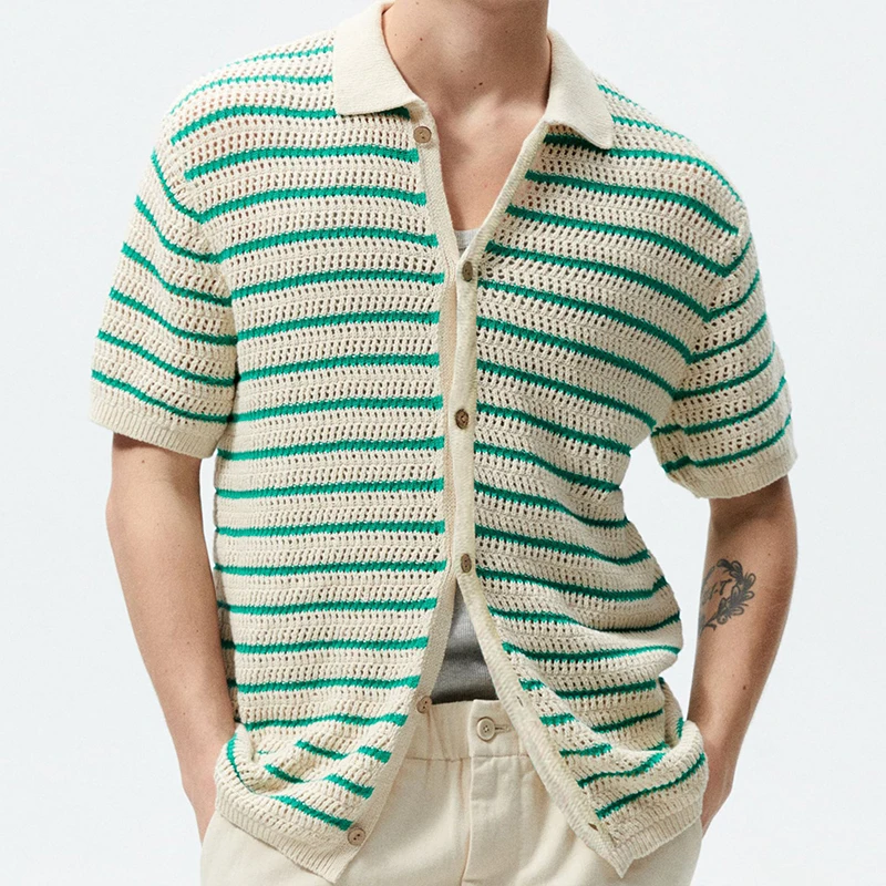 Men's Polo Shirt Light Luxury Knitted Clothing Popular Vintage Striped Short Sleeve Fashion Leisure Hollow Out Knitwear M-3XL