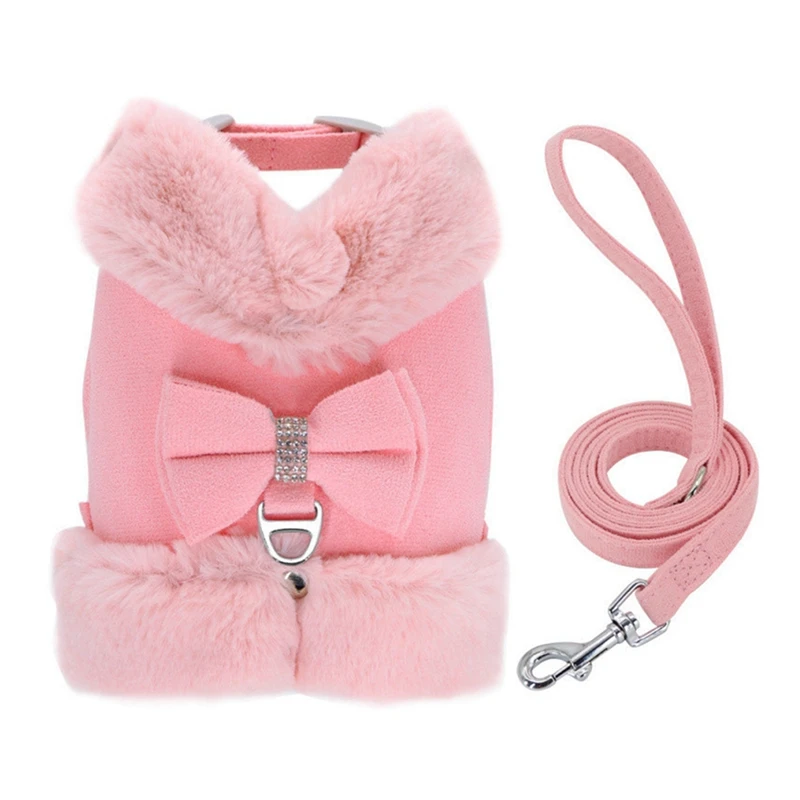 

Luxurious Rhinestone Bowknot Dog Harness And Leash Set,Warm Fur Pet Vest For Winter,Stylish Puppy Clothes For Small Dogs
