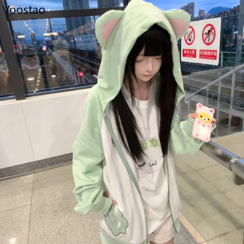 اليابانية Kawaii لوليتا سستة هوديس المرأة الحلو الدب آذان مقنعين معاطف الخريف الجرونج هودي Y2k التطريز فضفاض ​ ​ بلوزات