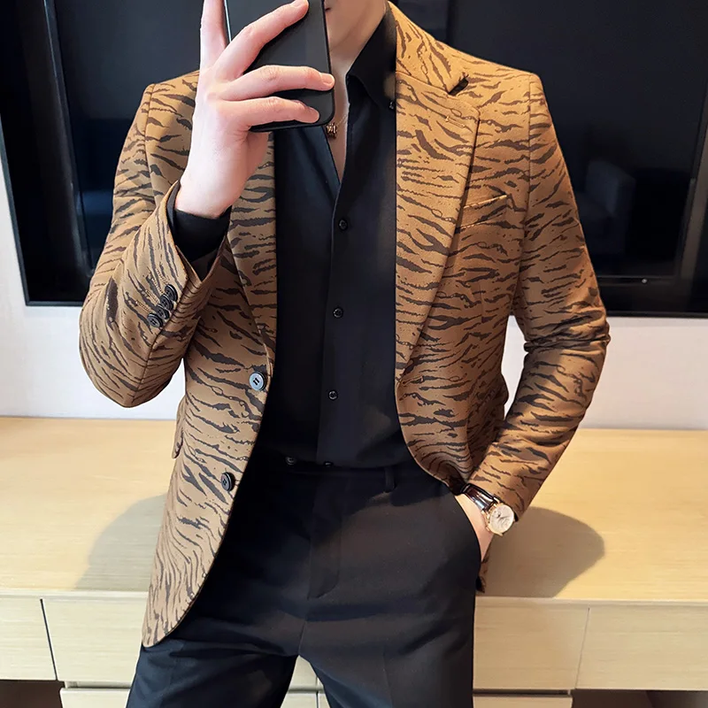 Fashion Leopard Print Design Blazers Coat Men Slim Fit Casual Business Suit Jackets High Quality Social Party Blazers Dress