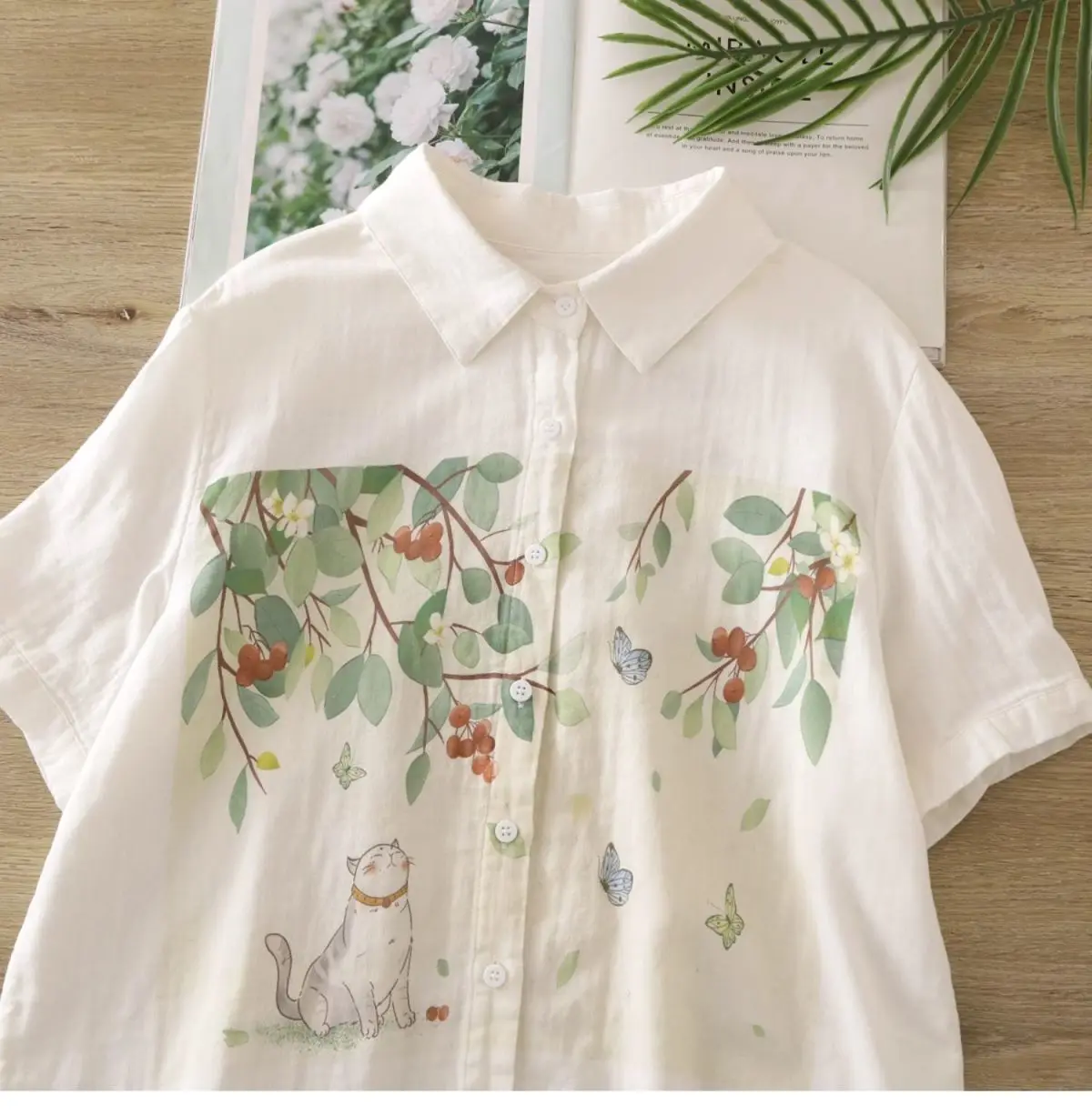 Small fresh and cute cat print lapel short-sleeved shirt for women 2024 summer new loose artistic top for women women clothing