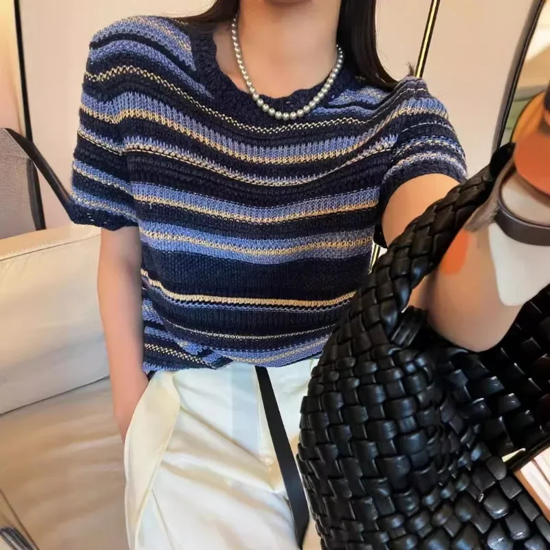 Spring Striped Knitted Short-sleeved Retro Style Hollow Knitted T-shirt for Women