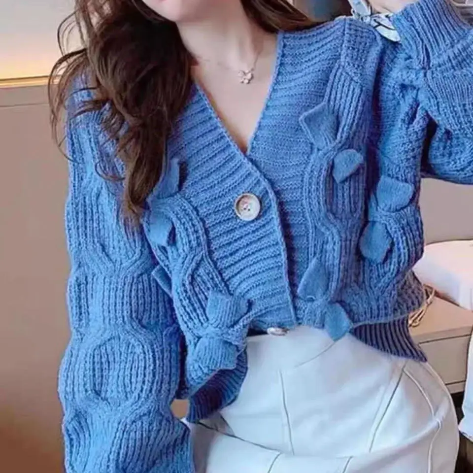 Cardigan en tricot avec nœud pour femme, col en V paresseux, style japonais rétro, automne et hiver, nouveau, 2024