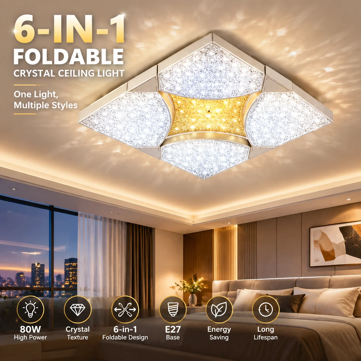 6-IN-1 Foldable LED Ceiling Light E27 Modern Adjustable Shape Flush Mount Lamp for Living Room Bedroom Home Lighting