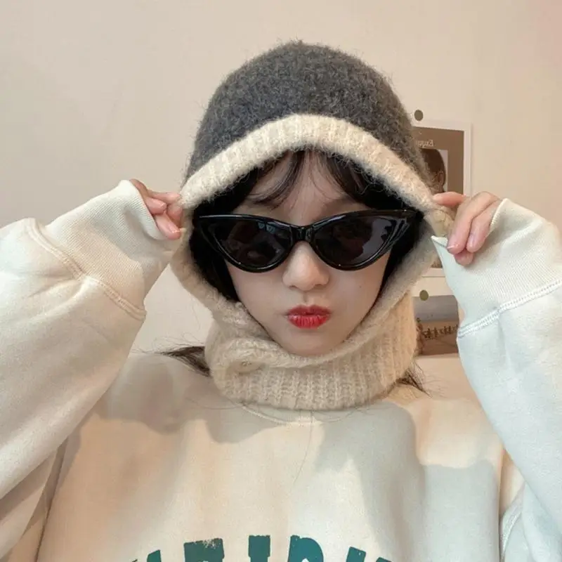 

39BD Knitted Woolen Hat Windproof Caps Pull-over Neck Scarf Hat Female Lady Headdress