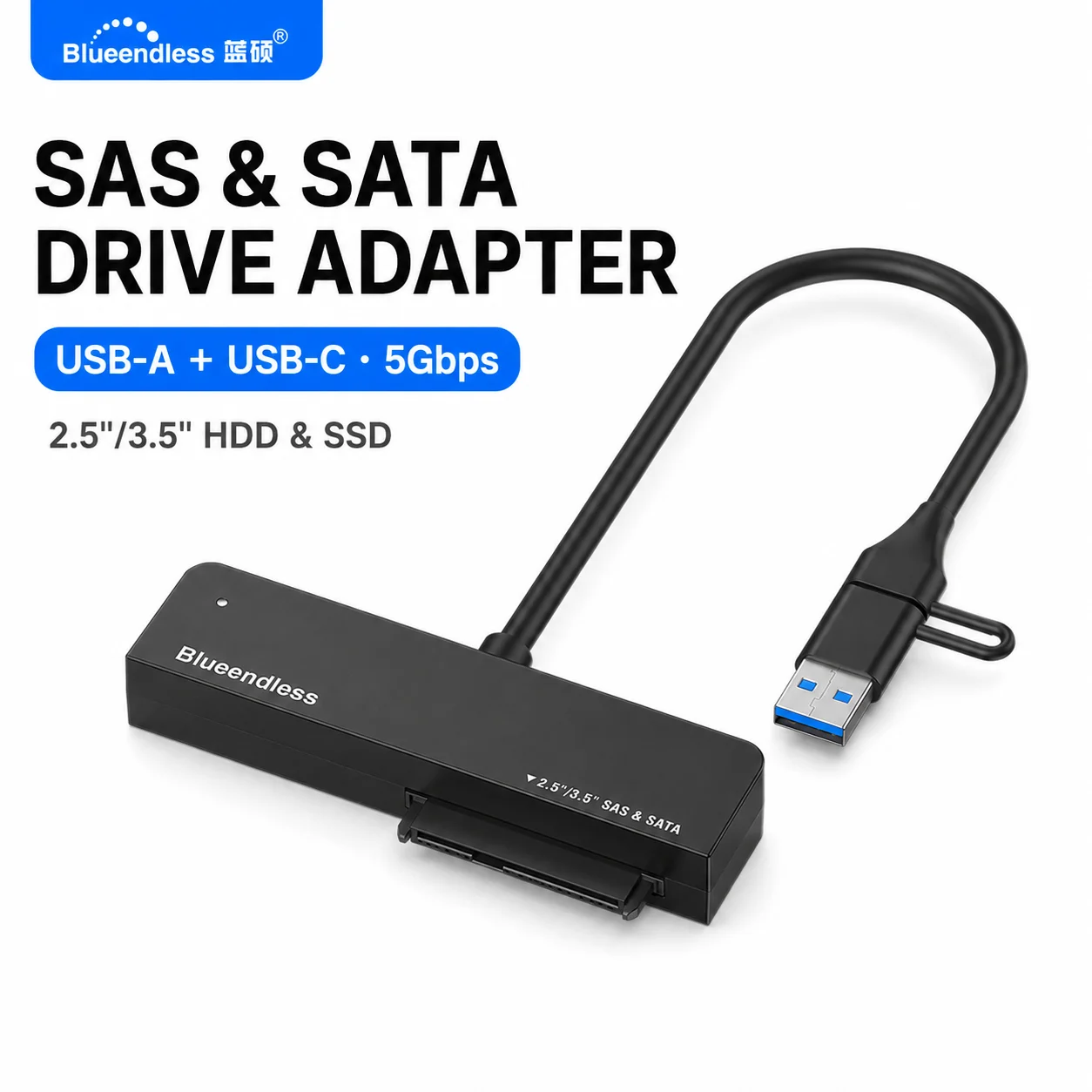 Blueendless SAS SATA To USB 3.0 Type-C Hard Drive Adapter 5Gbps for 2.5 3.5 Inch HDD SSD Windows Mac Linux Android