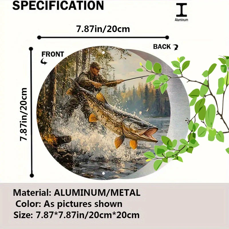 1pc Rustic Fisherman Round Aluminum Sign - Big Fish River Forest Wall Art, Vibrant Metal Decor for Home, Garage, Dining Room, or