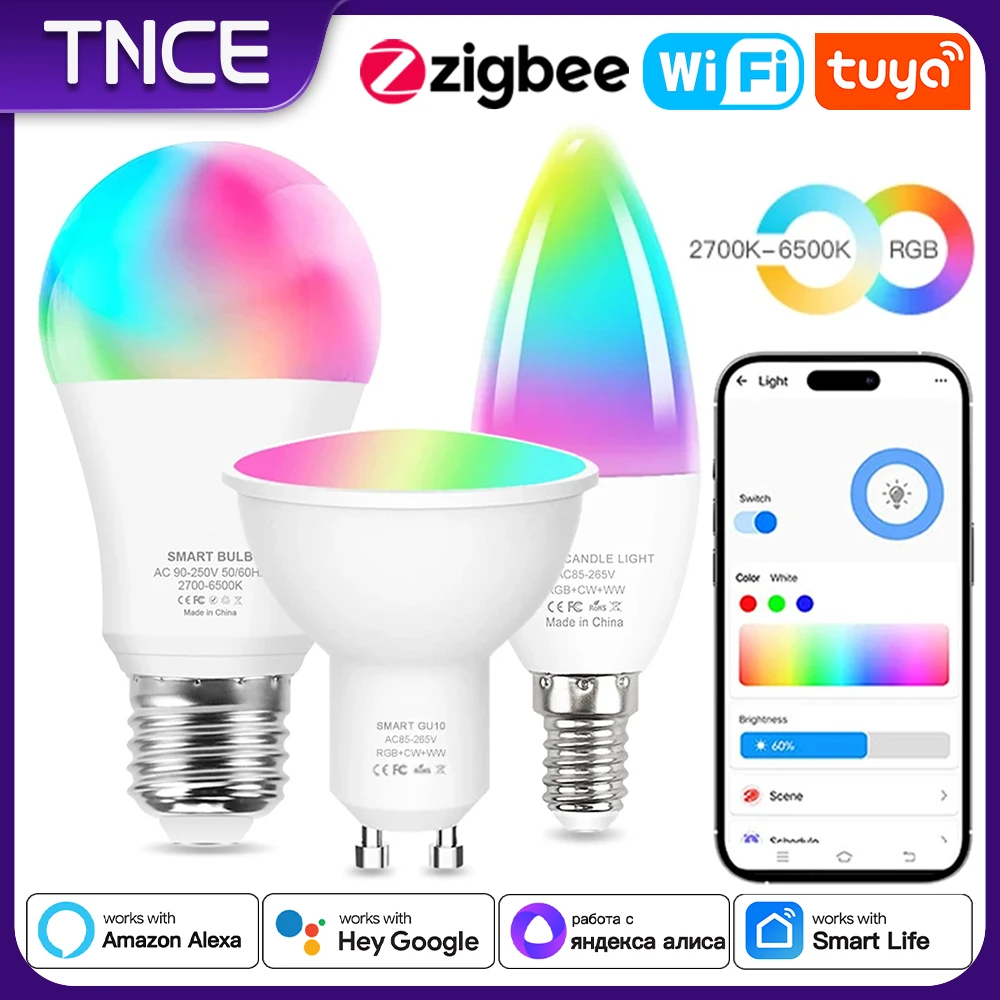 

TNCE Tuya gu10 E27 E14 WIFI Zigbee, светодиодные лампы с регулируемой яркостью 2700-6500k RGB Лампа, Smart Life, Голос с Alexa Google Home Alice