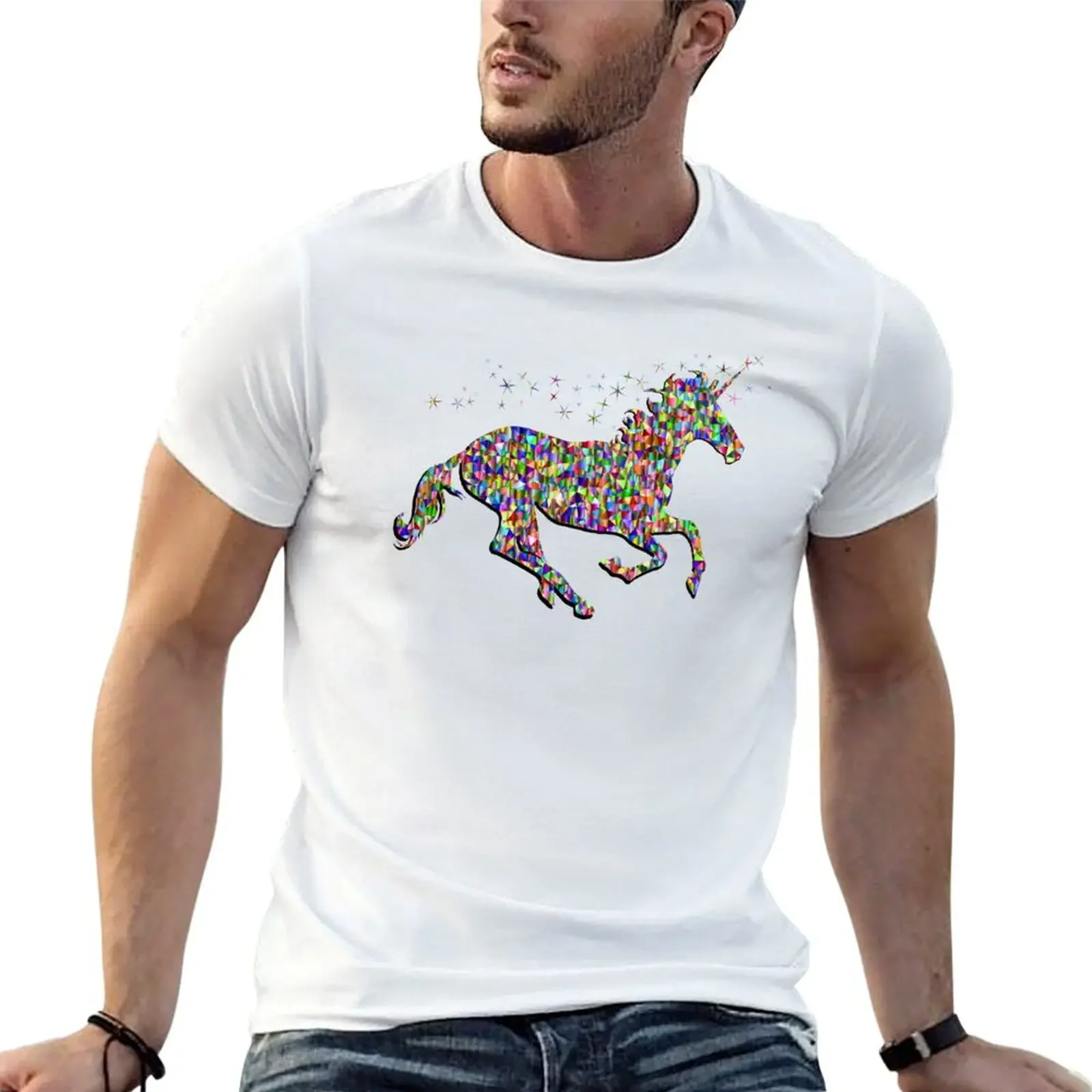 Multi-Colored Polygon Running Unicorn Design T-Shirt essential t shirt new edition rapper graphic tees mens workout shirts