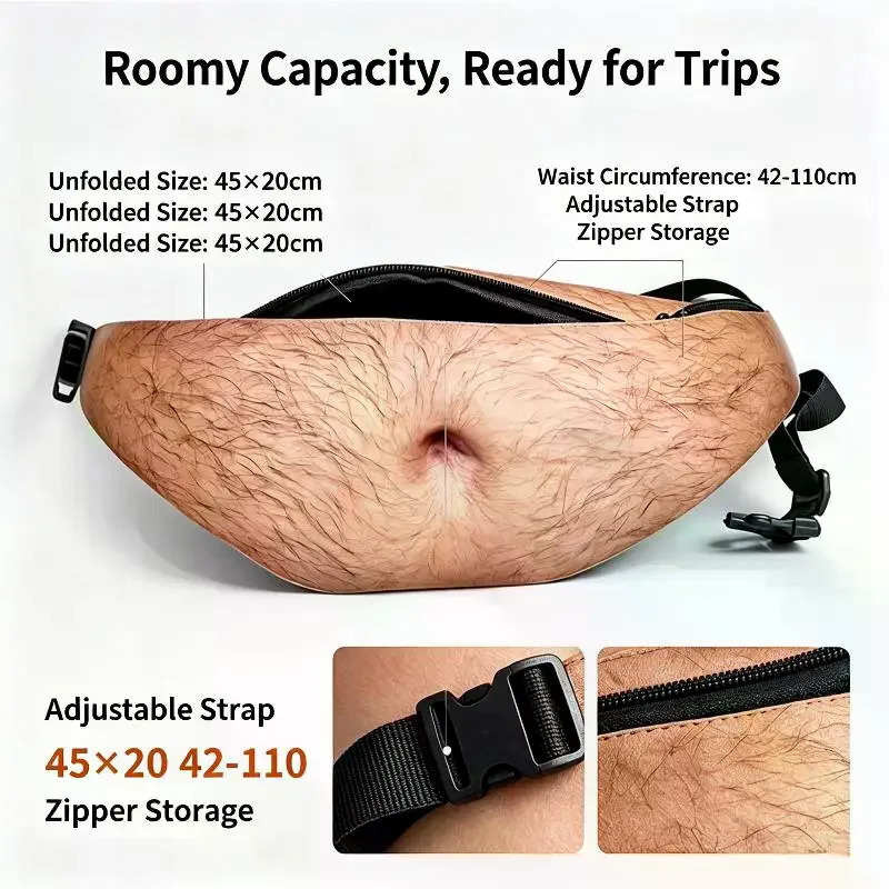 3D Fake Dad Belly Waist Bag Lifelike Hidden Compartment Funny Prank Gift for Men Adjustable for Outdoor Party Cosplay Daily Wear