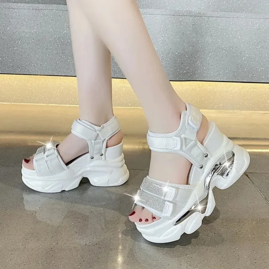 Krasovki 10cm Women Fashion Summer Shoes Peep Toe Women Casual Beach Sandálias Platform Wedge Sandals Hook Bling Das Mulheres