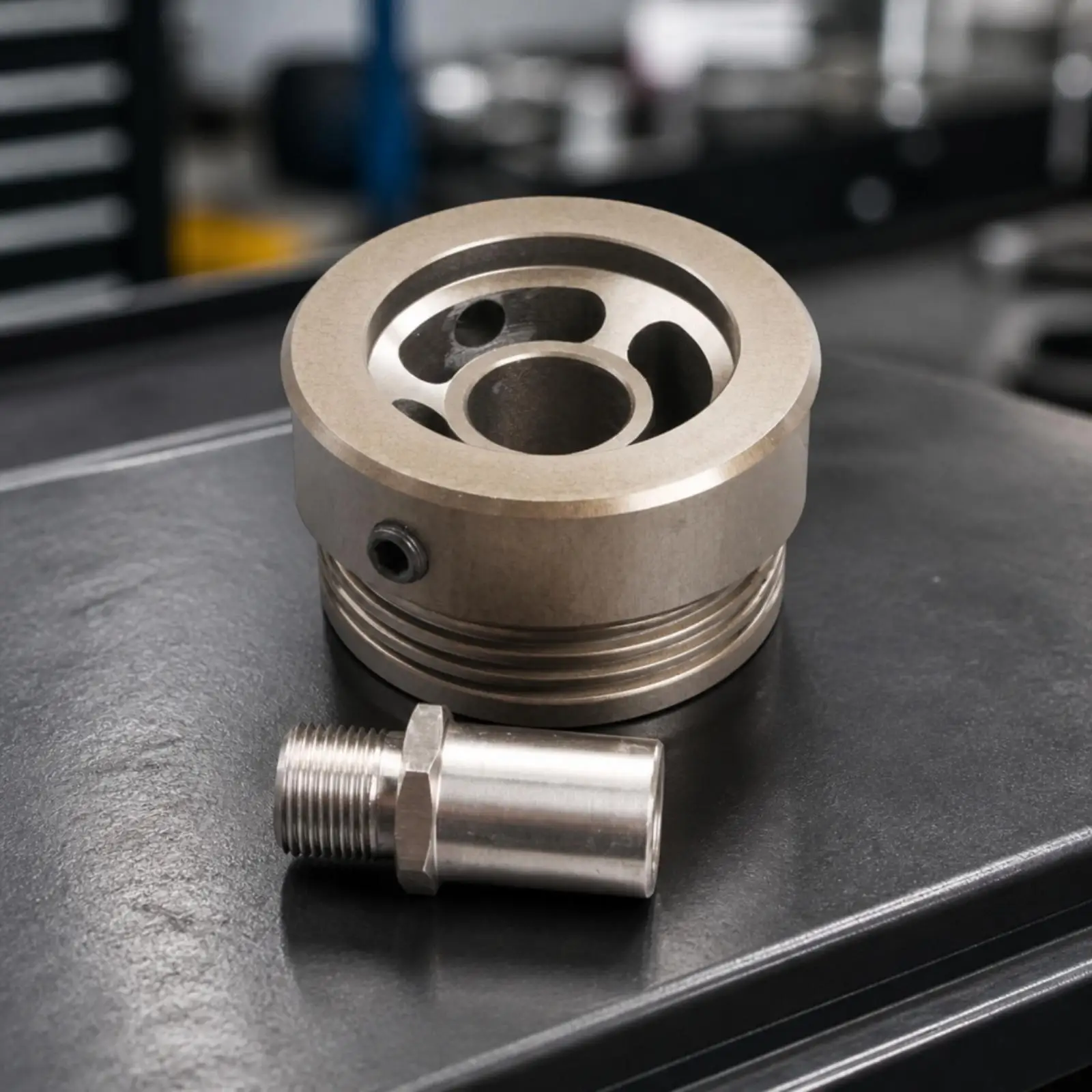 Low Profile Oil Filter Adapter Cylindrical Metal Body for Engine Oil Circuit Upgrade and Gauge Sensor Mounting