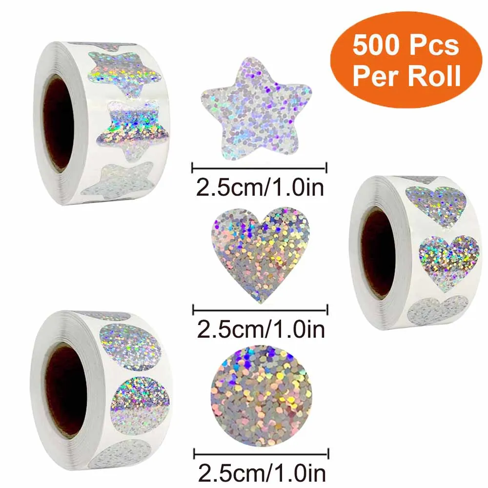 500Pcs/Roll Sparkly Laser Star Heart Round Stickers 1.0in/2.5cm Diy Daily Schedule Prefect for Learning Rewards Sealing Decor