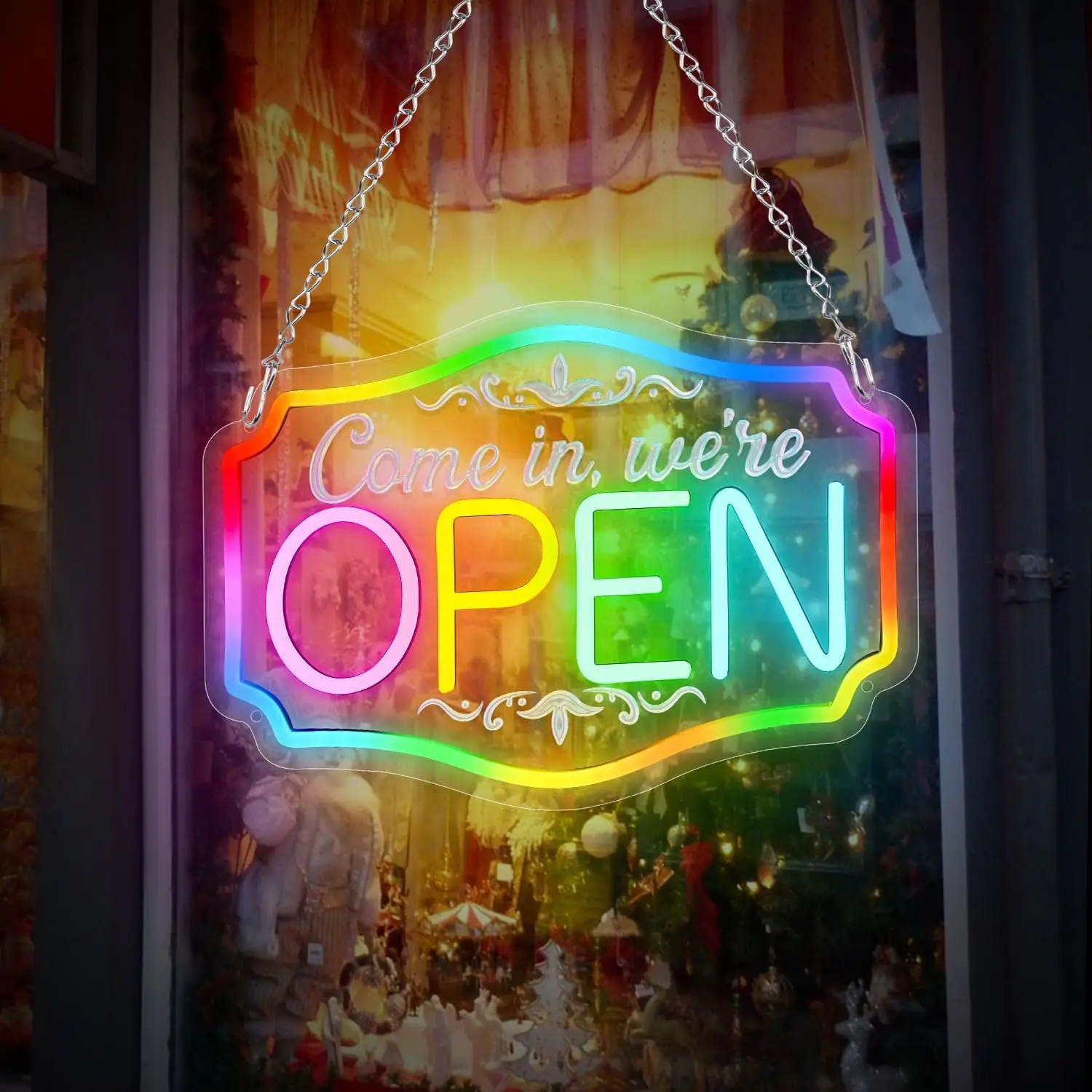 تعال فينا مفتوحة علامة النيون RGB نحت سطوع قابل للتعديل RGB علامات مفتوحة لواجهة متجر الفندق والمطعم