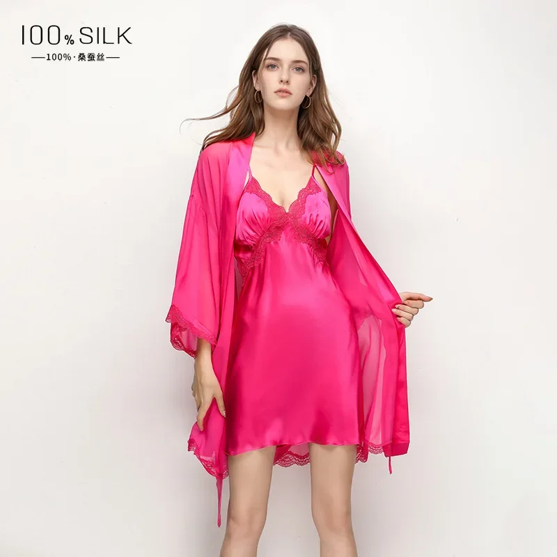 

100% Mulberry Silk Chemise Nightgown Bathrobe Lace Trim Kimono Gown Loose Home Dress Nighty&Robe Set Lingerie Dressing Gown PJS
