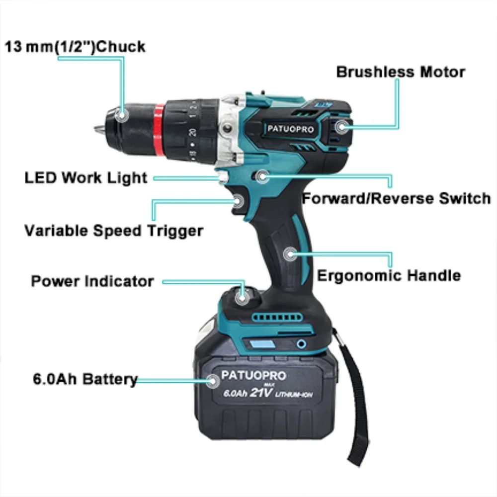 13mm Cordless Electric Impact Drill Brushless Handheld Drill Screwdriver 20+3 Torque Settings Power Tools Fit Makita 18V Battery